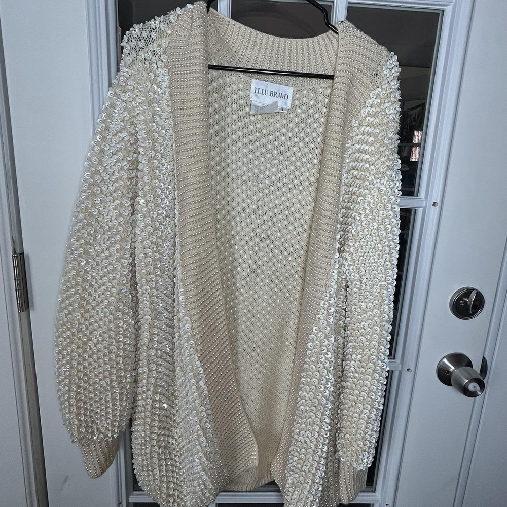 Vintage 90s Lulu Bravo Ivory Pearl Sequin Beaded 100% Wool Open Front Cardigan L